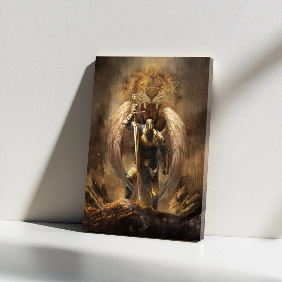Winged Knight Templar Canvas Wall Art | Roaring Lion and Sword Warrior | Premium Gallery-Wrapped Print | Medieval Fantasy Home Decor Gift