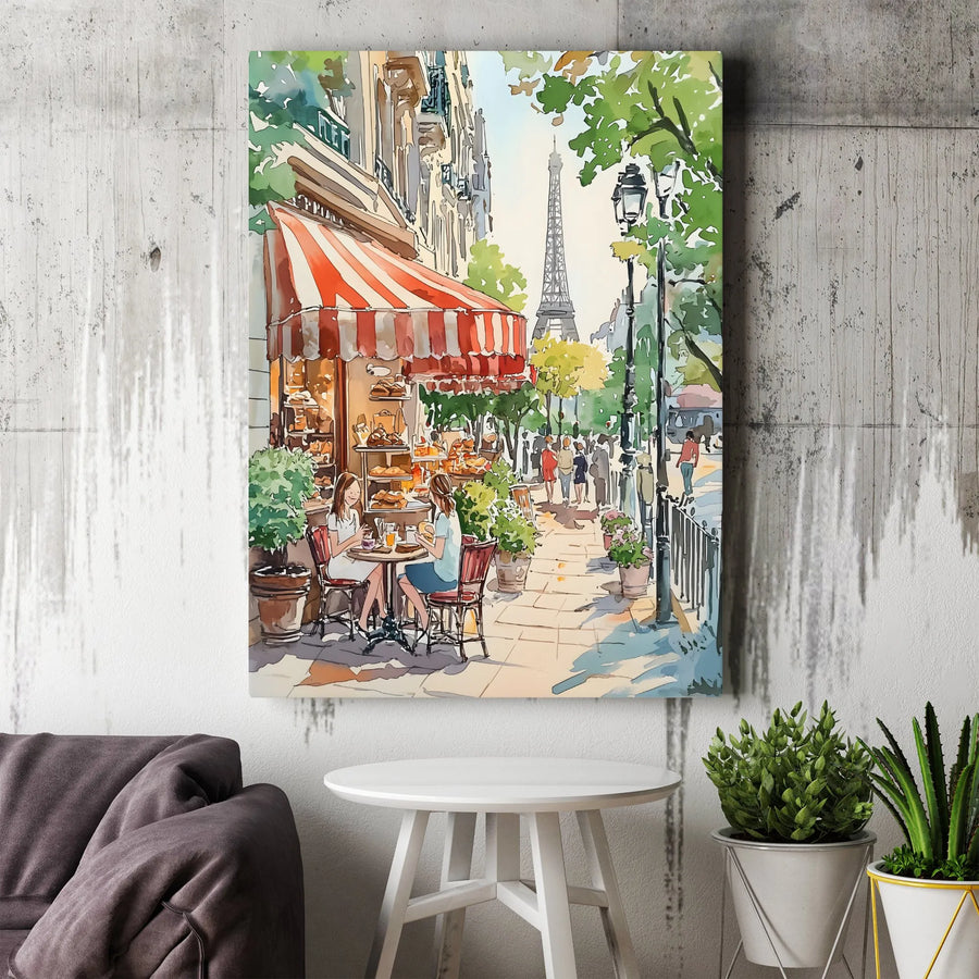Parisian Cafe Wall Art | Watercolor Eiffel Tower Street Scene | Premium Gallery Wrap Canvas | Travel Inspired Home Decor Gift