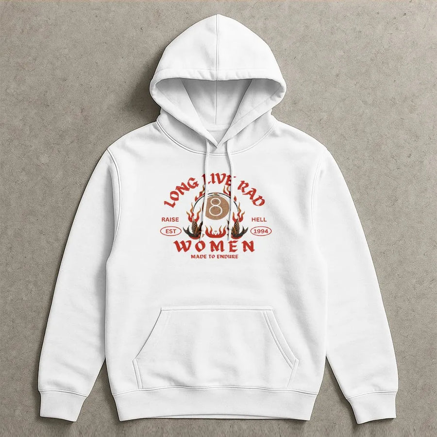 Long Live Rad Women Hoodie | Vintage 8 Ball Fire Graphic | Cotton-Blend Premium Apparel | Retro Y2K Aesthetic Gift for Her