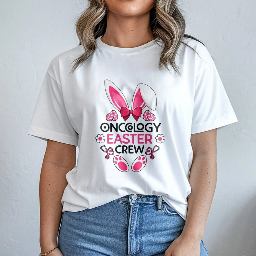 Oncology Easter Crew T-Shirt | Nurse Bunny Ears Stethoscope Graphic | 100% Cotton Premium Tee | Cute Medical Professional Holiday Gift