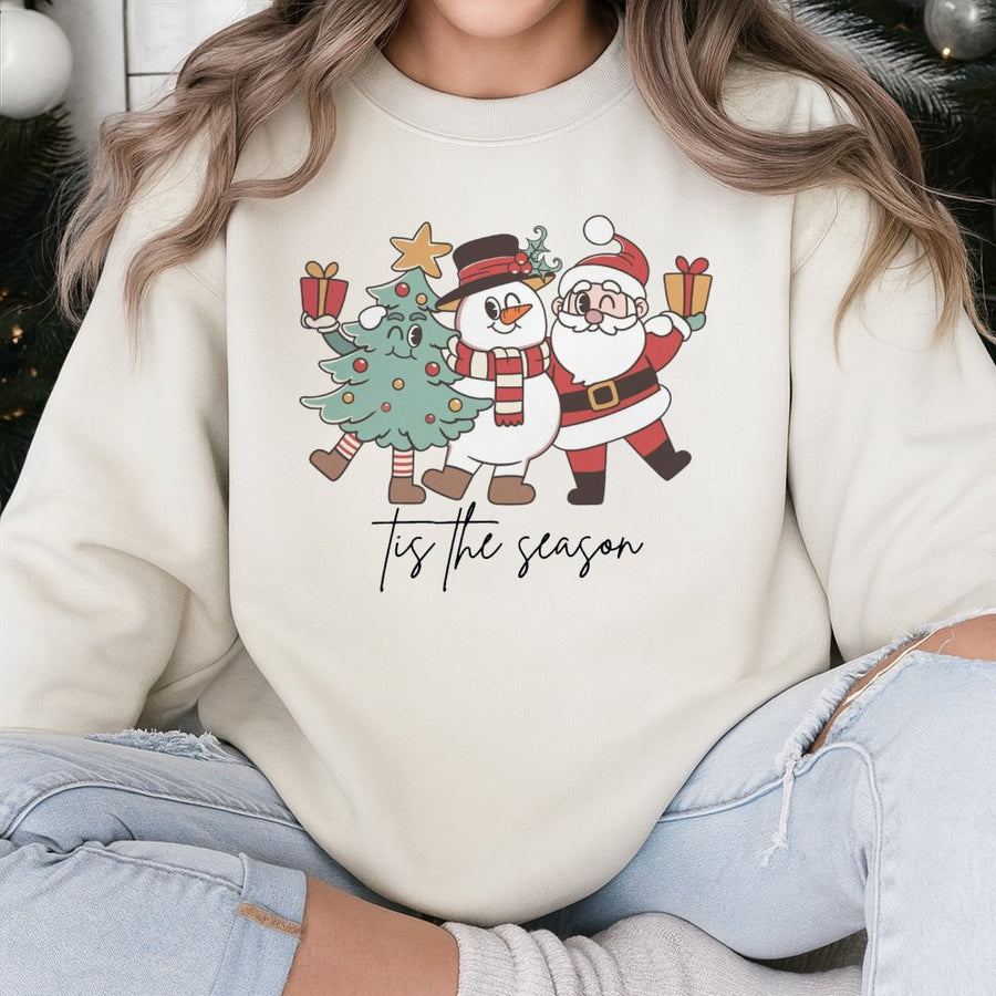 Tis The Season Christmas Sweatshirt | Retro Santa Snowman Tree Graphic | Premium Cotton Blend Crewneck | Unisex Holiday Gift For Family
