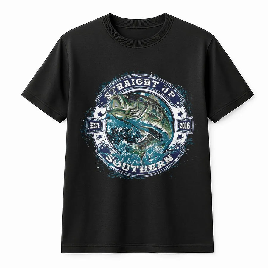 Bass Fishing T-Shirt | Jumping Largemouth Bass Badge Design | 100% Cotton Premium Apparel | Outdoor Life Gift for Anglers