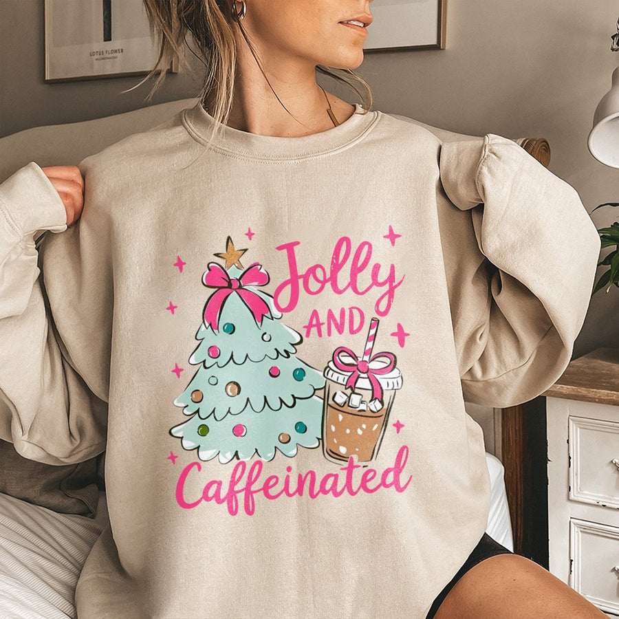 Jolly And Caffeinated Christmas Sweatshirt | Coffee Lover Graphic Tee | Premium Cotton Blend Crewneck | Holiday Gift For Her