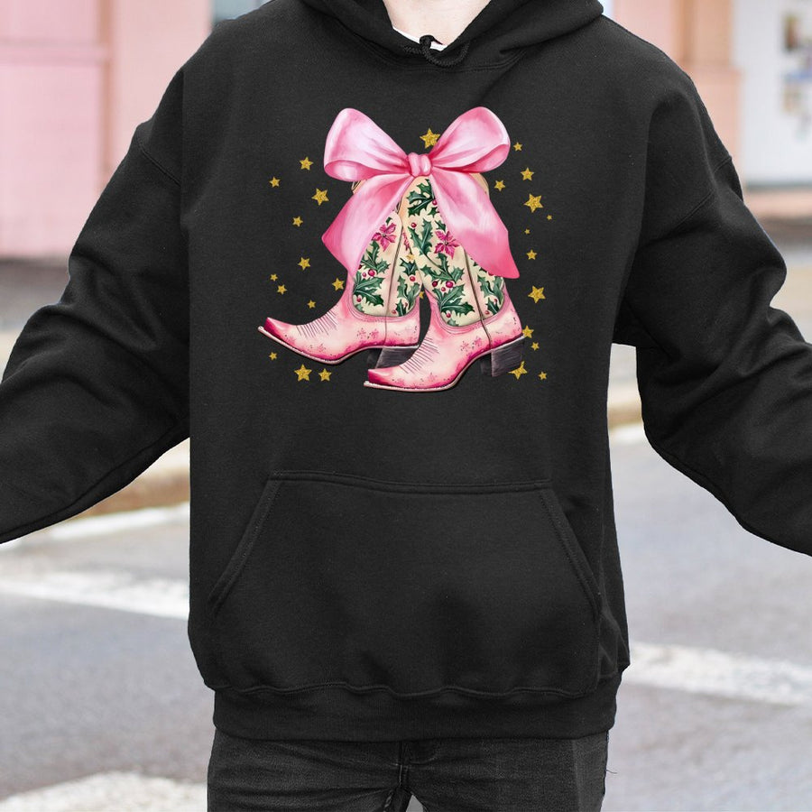Western Christmas Hoodie | Pink Cowgirl Boots with Holly Bow Graphic | Soft Cotton-Poly Blend | Festive Preppy Holiday Gift for Women
