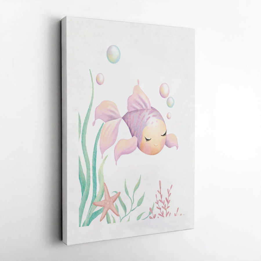 Cute Sleeping Goldfish Canvas Art | Watercolor Ocean Nursery Decor | Premium Fade-Resistant Print | Whimsical Underwater Wall Decor Gift