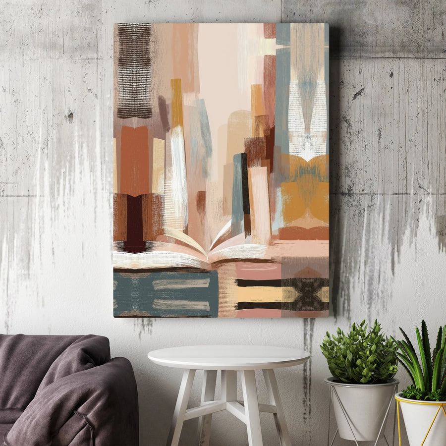 Abstract Book Canvas Wall Art | Mid-Century Modern Library Print | Premium Gallery-Wrapped 1.25" Profile | Earthy Tones Decor for Home Office