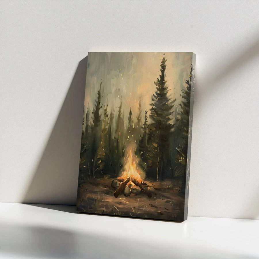 Campfire Pine Forest Canvas Wall Art | Moody Painterly Landscape | Premium Gallery Wrapped Print | Cozy Cabin Home Decor Gift