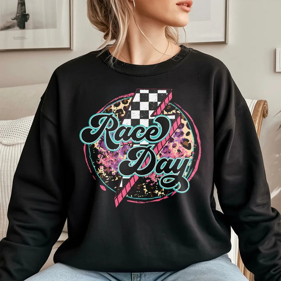 Race Day Sweatshirt | Retro Leopard Print & Checkered Lightning Graphic | Soft 100% Cotton Tee | Motorsport Fan Gift for Women