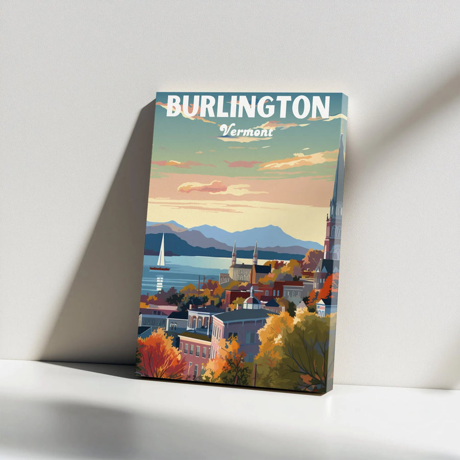 Burlington Vermont Vintage Travel Poster Vertical Canvas | Retro Lake Champlain Autumn Skyline Art | 1.25 Inch Gallery Wrap | Gift for Travelers, New England Home Decor