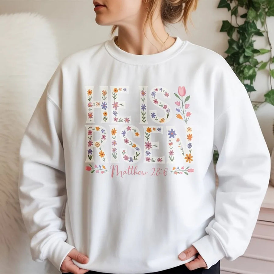 He Is Risen Floral Sweatshirt | Vintage Easter Christian Graphic | Soft Cotton Polyester Blend | Religious Apparel Gift for Women Men