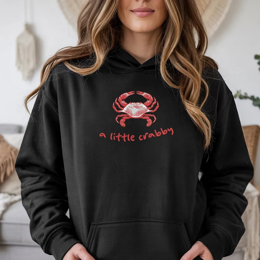 A Little Crabby Graphic Hoodie | Funny Minimalist Sketch Crab Design | Premium Cotton-Blend Sweatshirt | Unisex Sarcastic Beach Wear Gift