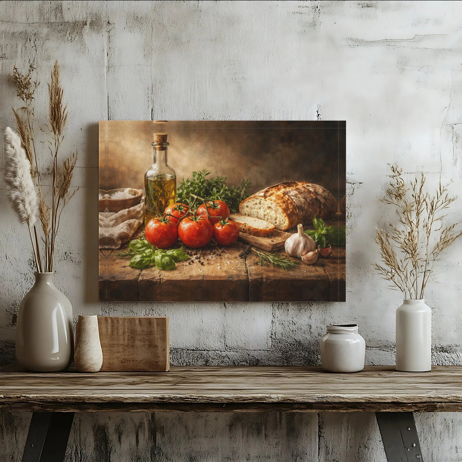 Rustic Kitchen Wall Art Canvas Print | Italian Food Still Life with Bread & Olive Oil | Gallery Quality Print | Farmhouse Dining Room Decor Gift