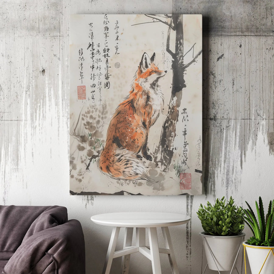 Japanese Fox Painting Vertical Canvas | Vintage Sumi-e Ink Wash Style with Calligraphy | Premium Unframed Print | Unique Collector Gift for Zen Home Decor