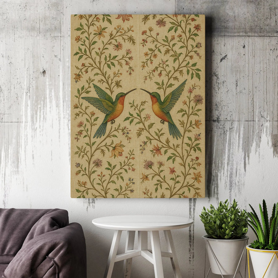 Hummingbird Floral Canvas Art | Vintage Symmetrical Botanical Wall Decor | Premium 1.25" Thick Gallery Wrap | Elegant Nature Lover Home Gift