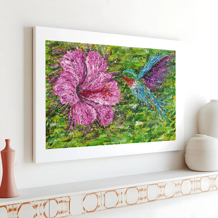 Hummingbird and Hibiscus Canvas Wall Art | Colorful Abstract Nature Painting | Premium 1.25" Gallery Wrap | Tropical Home Decor Gift