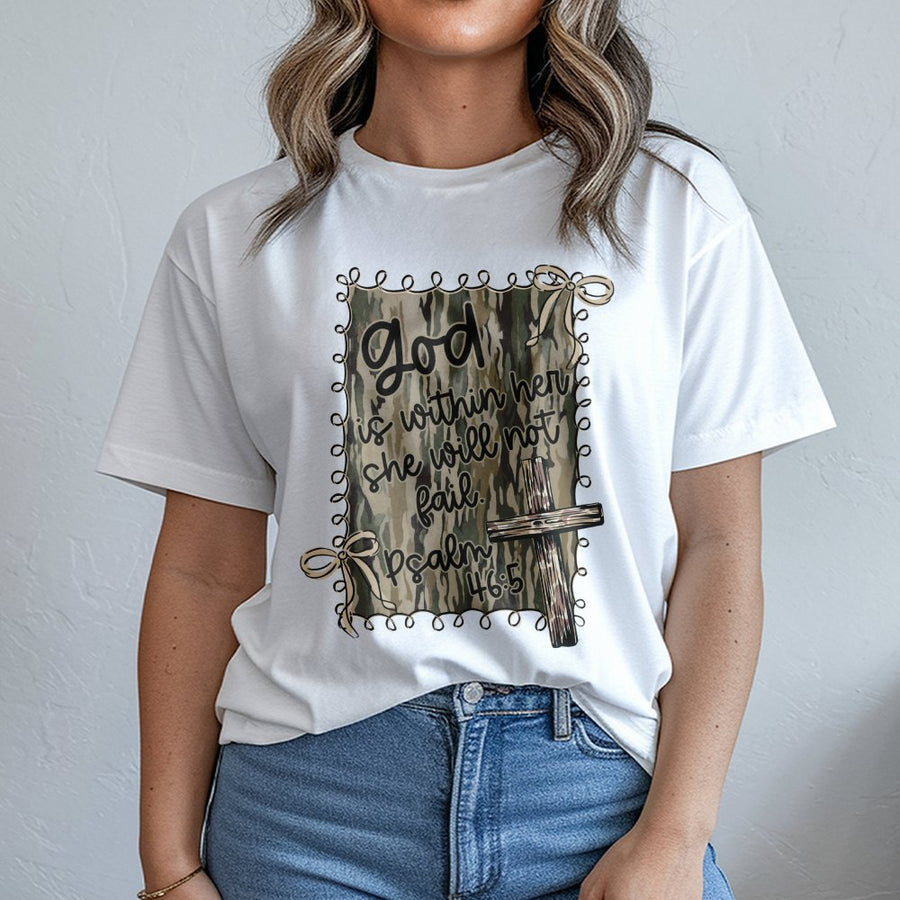 God Is Within Her T-Shirt | Psalm 46:5 Bible Verse Aesthetic | Camo Coquette Bow Graphic | Premium Cotton Christian Gift For Women