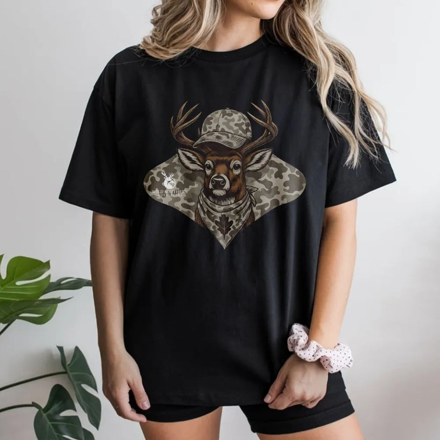 Hunting Deer T-Shirt | Camo Cap Antler Graphic | Premium Cotton Unisex Tee | Outdoorsman Gift for Hunters and Wildlife Enthusiasts