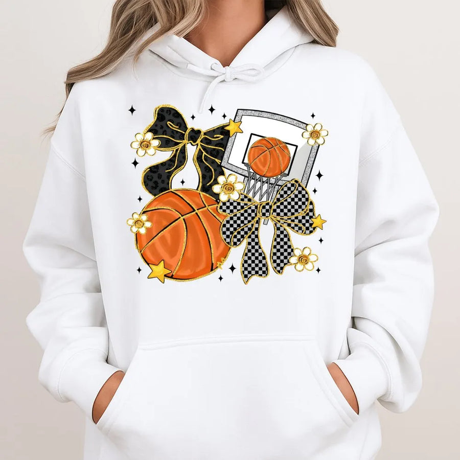 Basketball Coquette Bow Hoodie | Leopard Print Aesthetic Graphic | Premium Cotton Blend | Game Day Gift for Basketball Mama