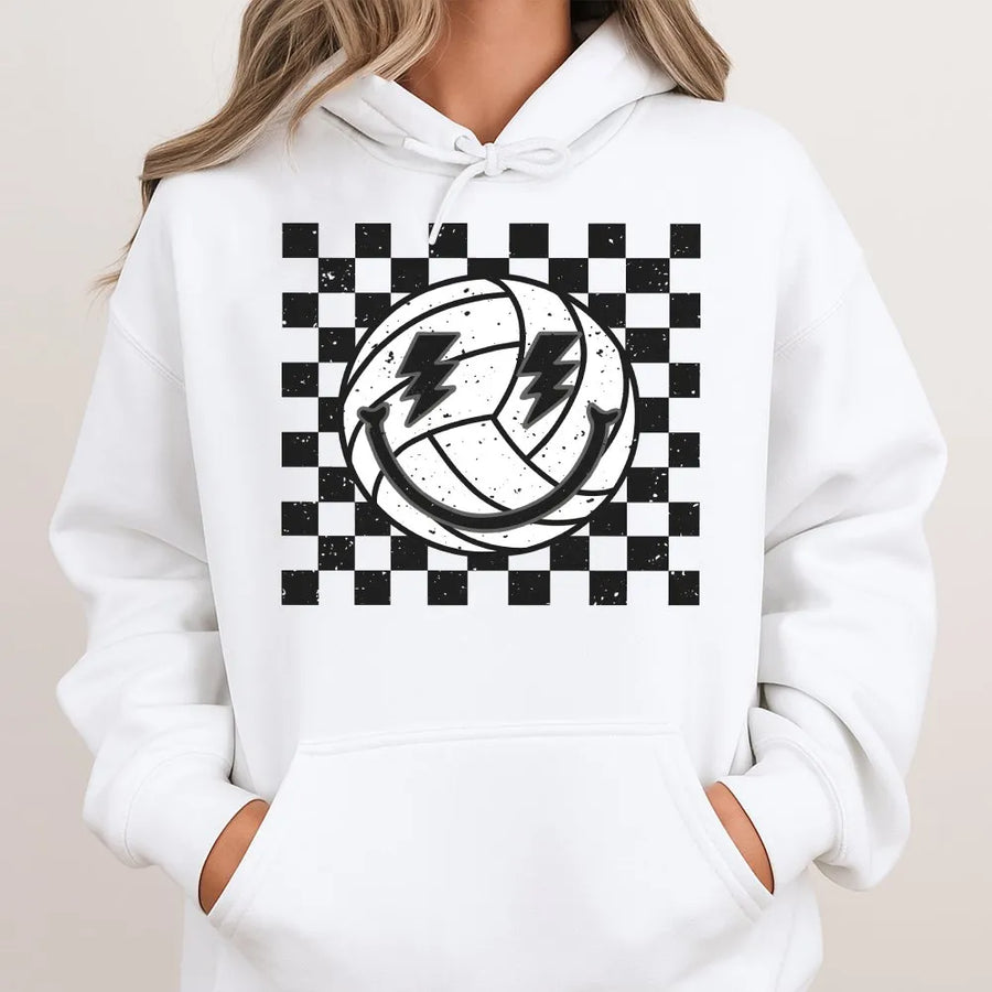 Retro Volleyball Hoodie | Checkered Smiley Lightning Bolt Graphic | Premium Cotton-Poly Blend | Cute Volleyball Mom Gift for Players