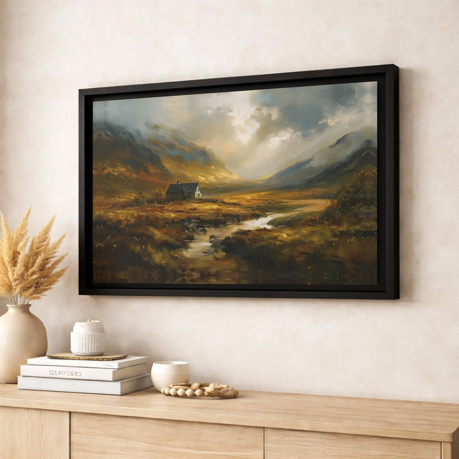 Scottish Highlands Landscape Wall Art | Moody Cottage Oil Painting Style | Premium Gallery Wrap Canvas | Rustic Home Decor & Nature Lover Gift
