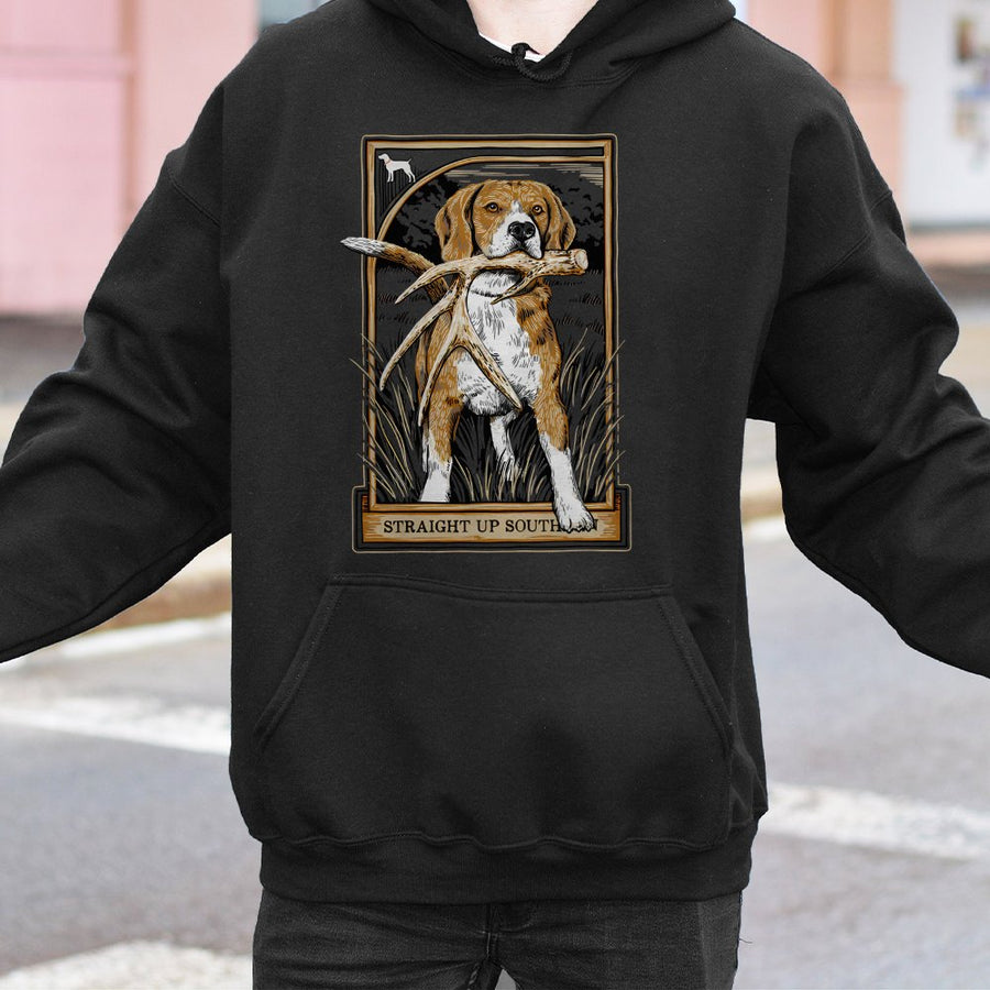 Beagle Shed Hunting Hoodie | Artistic Dog Deer Antler Illustration | Premium Cotton-Blend Sweatshirt | Outdoorsman Nature Lover Gift