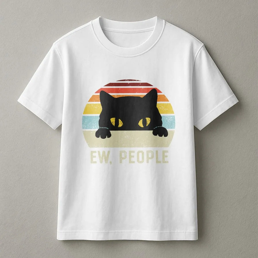 Ew People Cat Shirt | Vintage Retro Sunset Black Cat Design | Soft Breathable Cotton | Funny Gift for Introverts and Cat Lovers