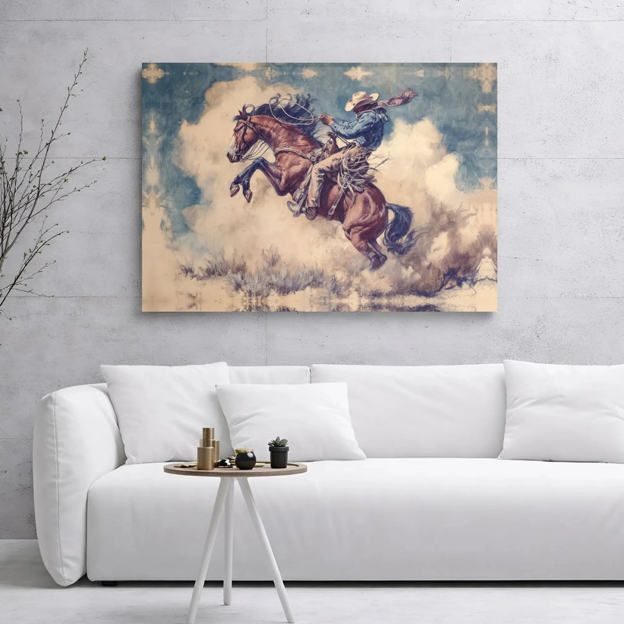 Western Cowboy Canvas Wall Art | Bucking Bronco Oil Painting Style | Premium Gallery Wrap 1.25" Frame | Rustic Home Decor Gift for Him