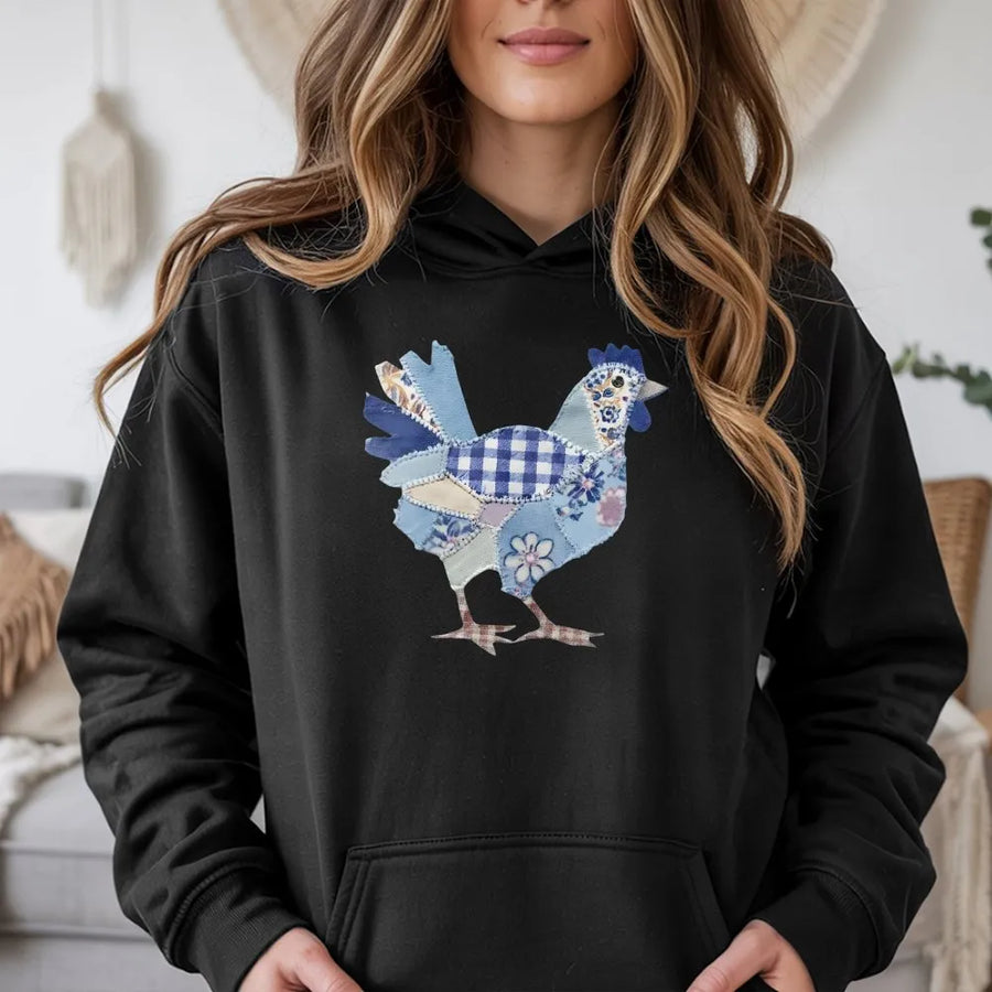 Patchwork Chicken Hoodie | Vintage Farmhouse Graphic Print | Premium Cotton Blend | Cute Easter Gift for Chicken Lover