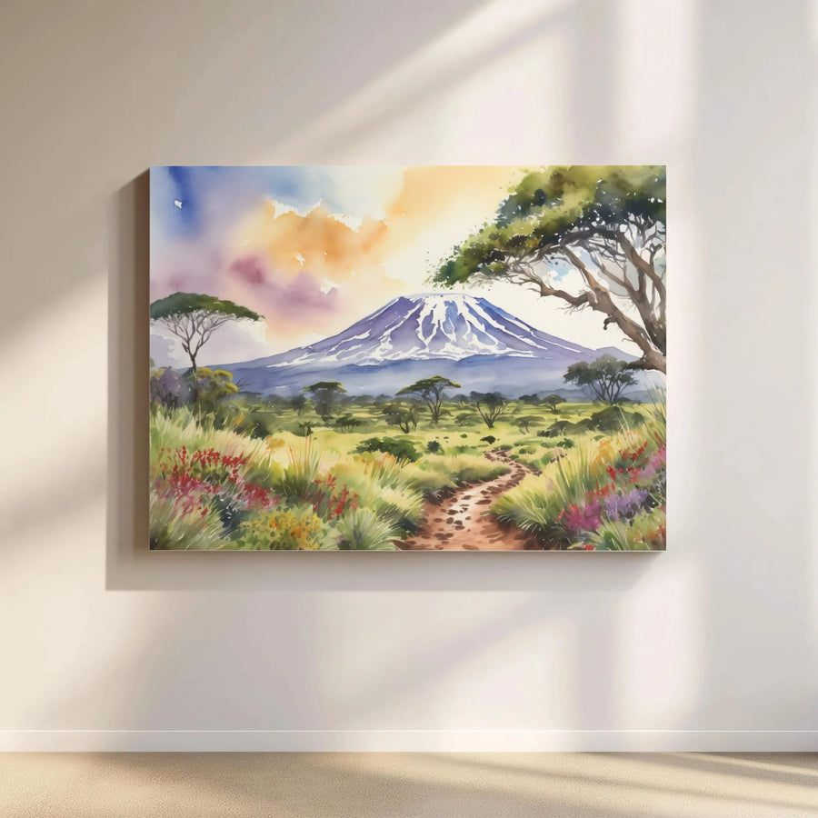 Mount Kilimanjaro Canvas Wall Art | Watercolor African Savanna Landscape | Gallery Quality Print | Nature Lover Travel Gift