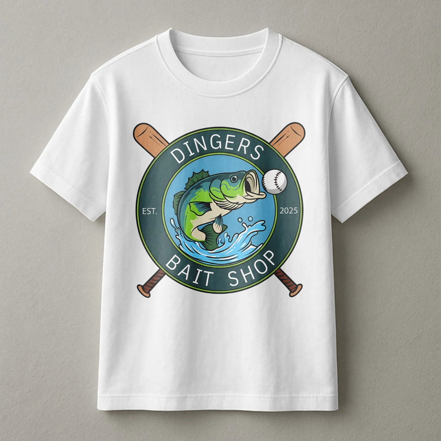 Dingers Bait Shop T-Shirt | Funny Baseball Fishing Mashup Graphic | Premium Soft Cotton Tee | Unique Gift for Fisherman and Baseball Dad