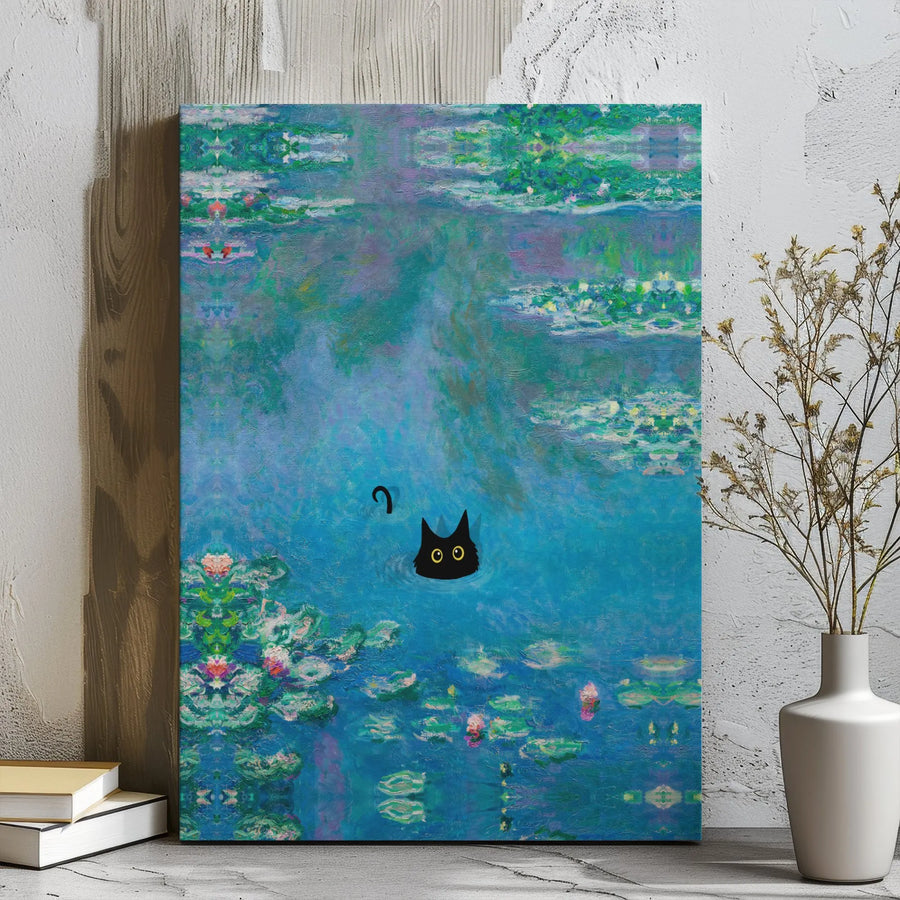Black Cat Wall Art | Monet Water Lilies Impressionist Style | Premium Gallery Wrapped Canvas | Whimsical Home Decor Gift for Cat Lovers