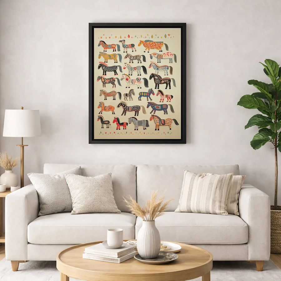 Scandinavian Folk Art Horse Canvas | Colorful Dala Horse Wall Decor | Premium Fade-Resistant Print | Bohemian Nursery or Home Gift