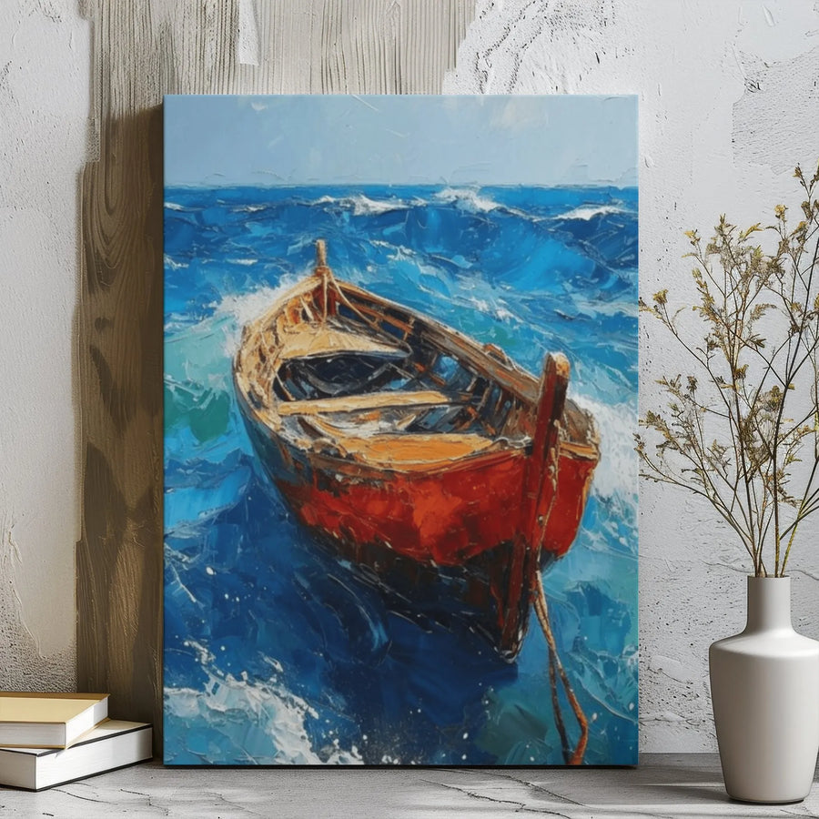 Red Boat Ocean Canvas Art | Stormy Sea Oil Painting Impressionist Style | 1.25" Gallery Wrap Premium Print | Nautical Home Decor For Office