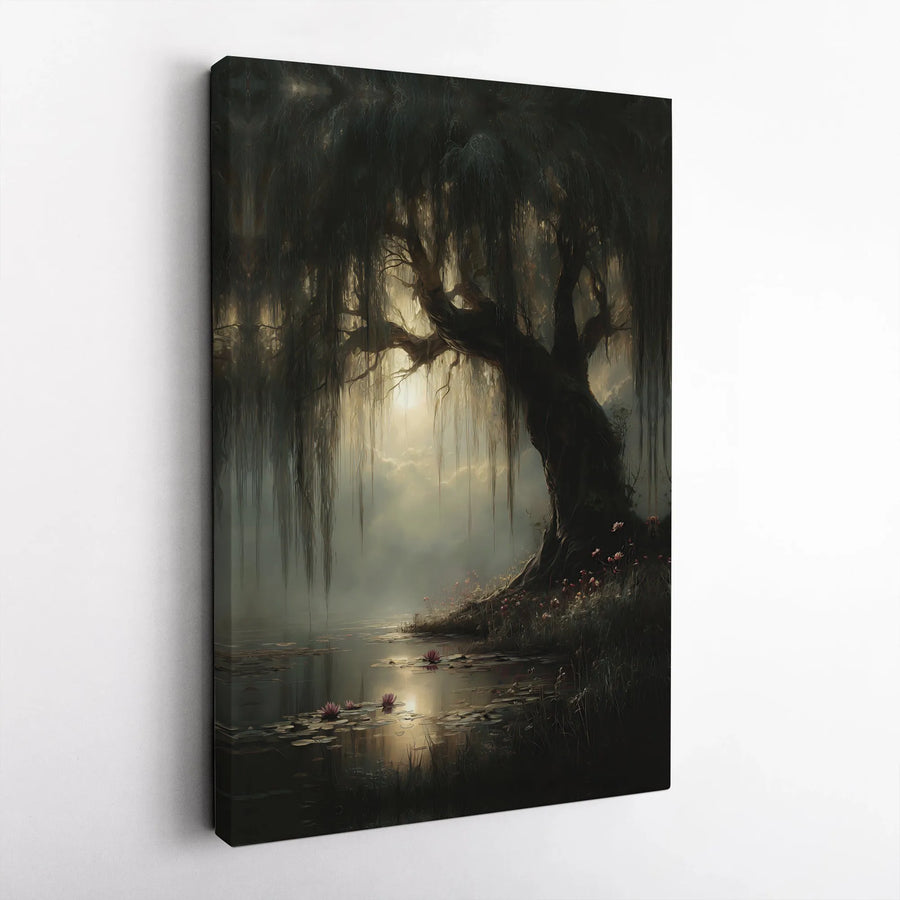 Weeping Willow Canvas Art | Misty Swamp Landscape with Water Lilies | Premium Fade-Resistant Print | Gothic Home Decor Gift