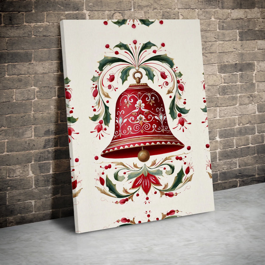 Christmas Bell Canvas Wall Art | Ornate Red Holiday Botanical Print | Premium Fade-Resistant Gallery Wrap | Festive Home Decor Gift for Holidays