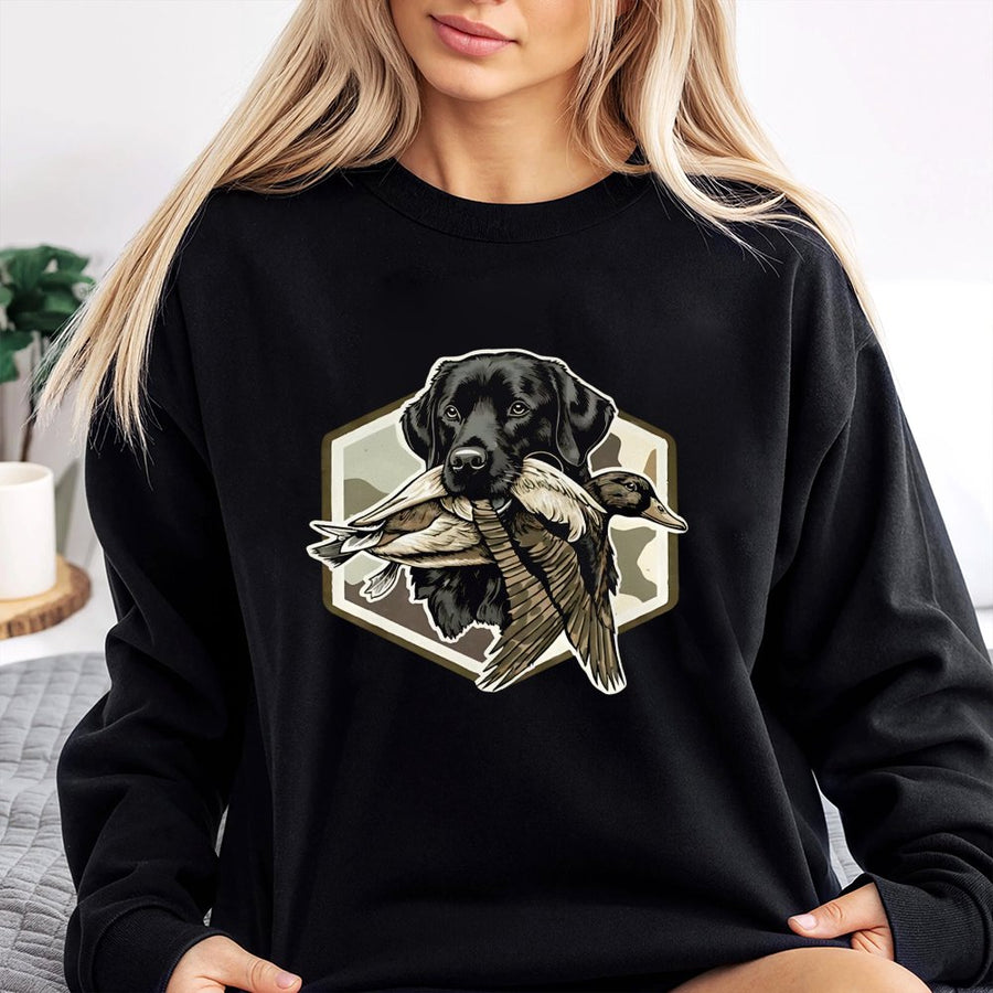 Black Labrador Retriever Sweatshirt | Duck Hunting Dog Graphic Design | Premium Cotton Blend Crewneck | Gift for Hunters and Outdoor Enthusiasts