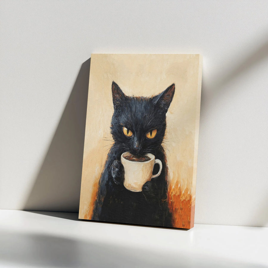 Black Cat Coffee Canvas Wall Art | Funny Grumpy Cat Painting Print | Premium Gallery Wrapped Canvas | Gift for Coffee Lover & Kitchen Decor