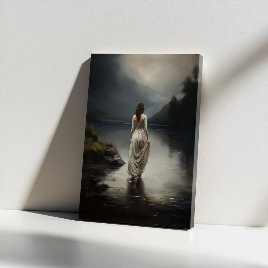 Ethereal Woman in White Dress Canvas | Dark Misty Lake Landscape Wall Art | Gallery Wrapped Premium Canvas | Moody Atmospheric Home Decor