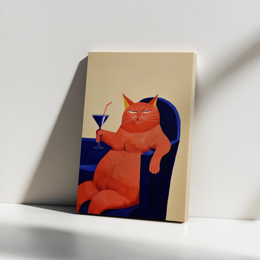 Smug Orange Cat Wall Art | Funny Cocktail Drinking Cat Canvas | Premium Gallery Wrap Decor | Quirky Gift for Cat Lovers