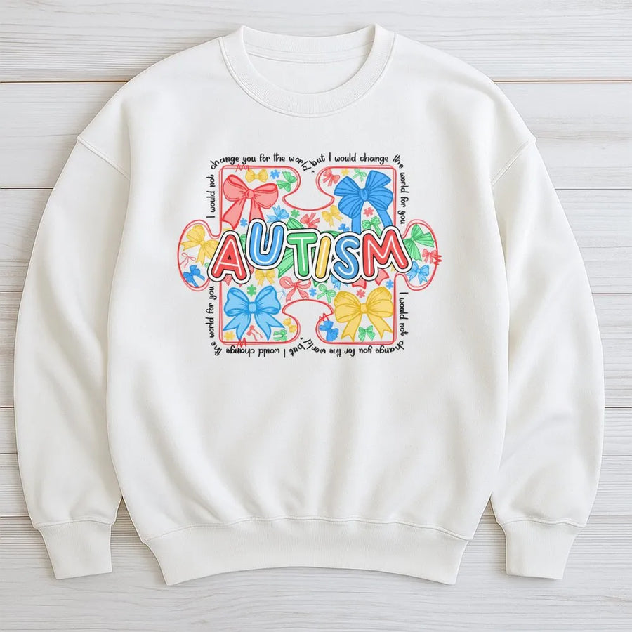 Autism Awareness Sweatshirt | Colorful Puzzle Piece Bow Graphic | Soft Cotton Tee | Neurodiversity Advocate Support Gift