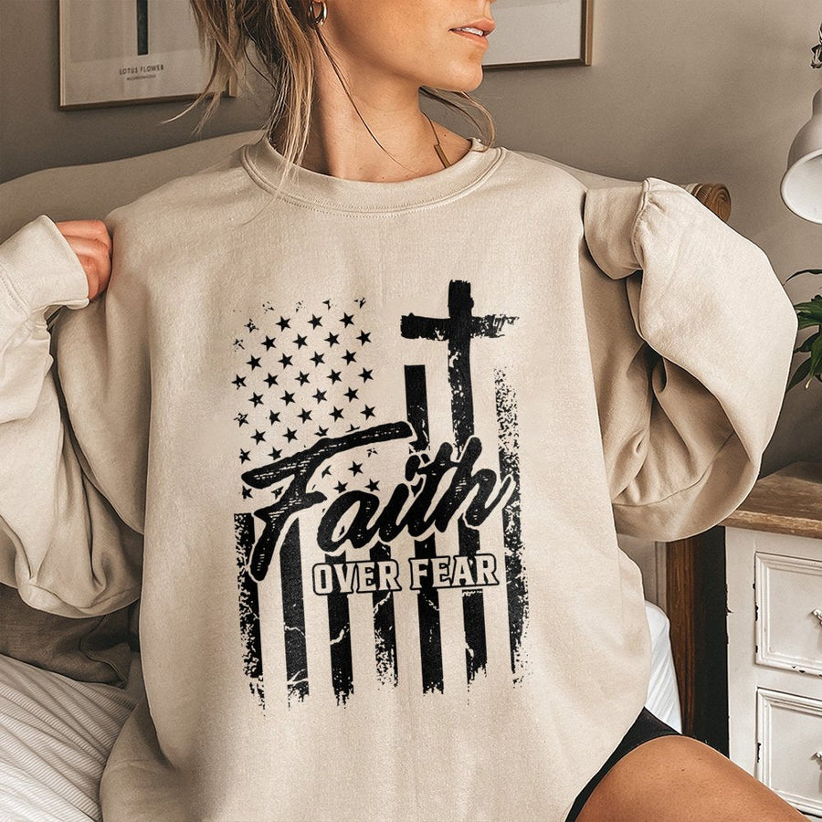 Faith Over Fear Sweatshirt | Patriotic American Flag Cross Graphic | Premium Cotton Blend Unisex Crewneck | Christian Apparel Gift for Men and Women