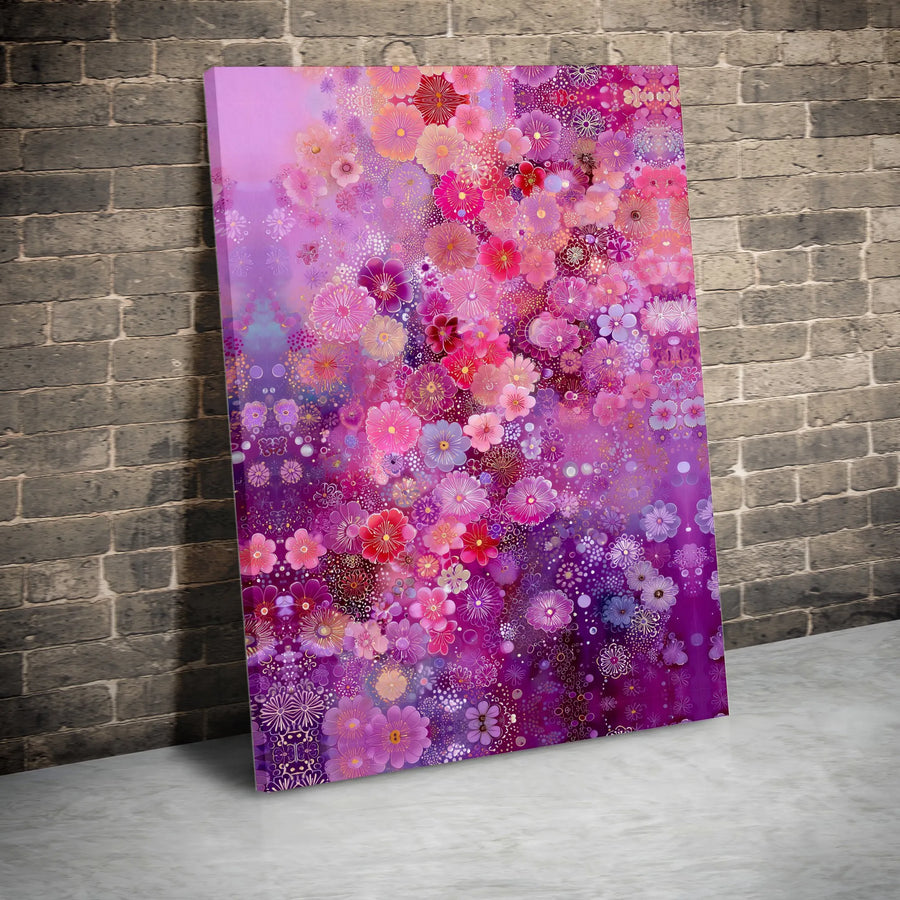 Abstract Floral Canvas Wall Art | Vibrant Pink and Purple Floral Cascade with Gold Accents | Premium Gallery Wrapped Canvas | Modern Botanical Home Decor Gift for Her