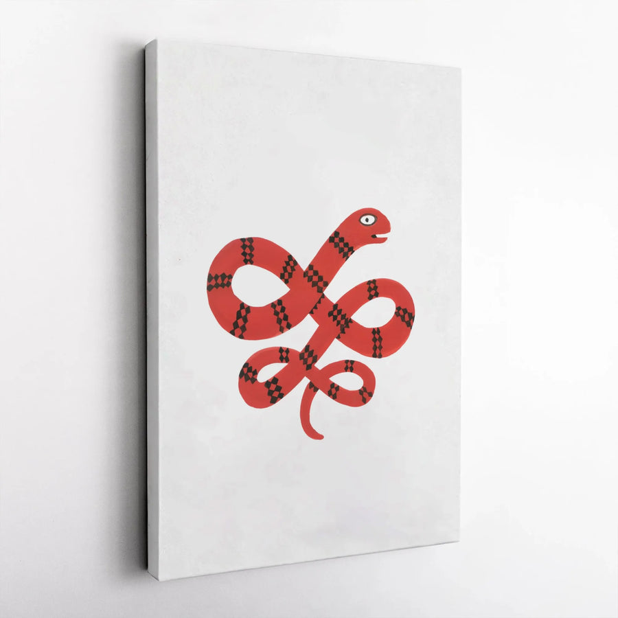 Red Snake Vertical Canvas | Minimalist Cartoon Serpent Print | Premium Frameless Wall Art | Modern Kids Room & Nursery Decor Gift