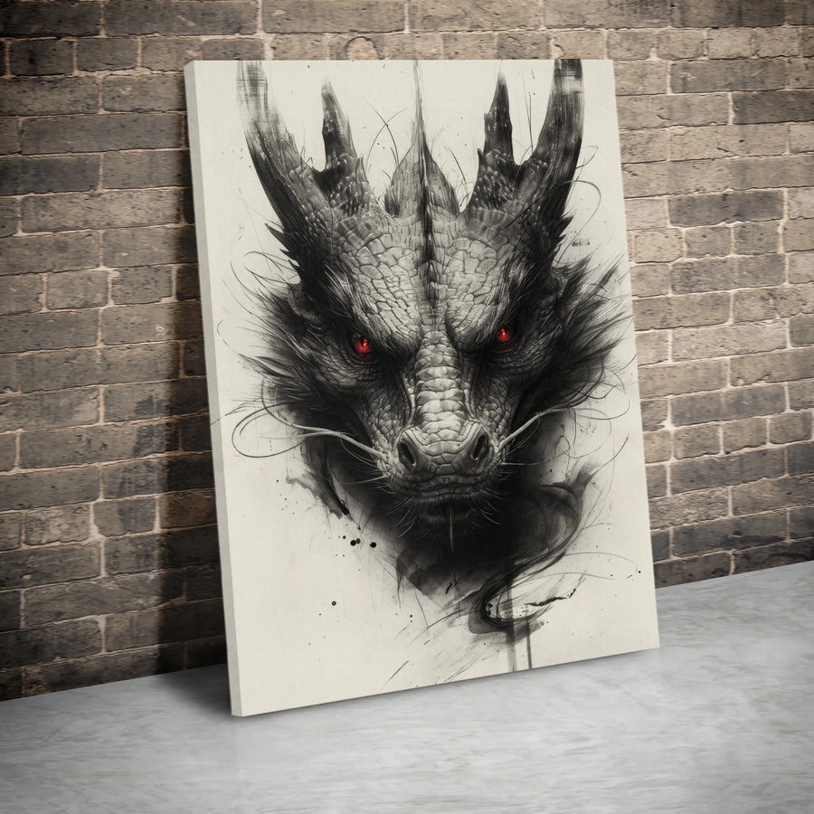 Dragon Wall Art | Gothic Sketch Portrait with Red Eyes | Premium Gallery-Wrapped Canvas | Dark Fantasy Home Decor Gift