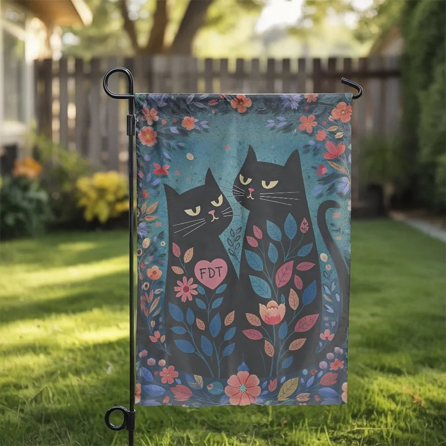 Black Cat Garden Flag | Folk Art Floral Design | Weather-Resistant Polyester | Outdoor Yard Decor Gift for Cat Lovers