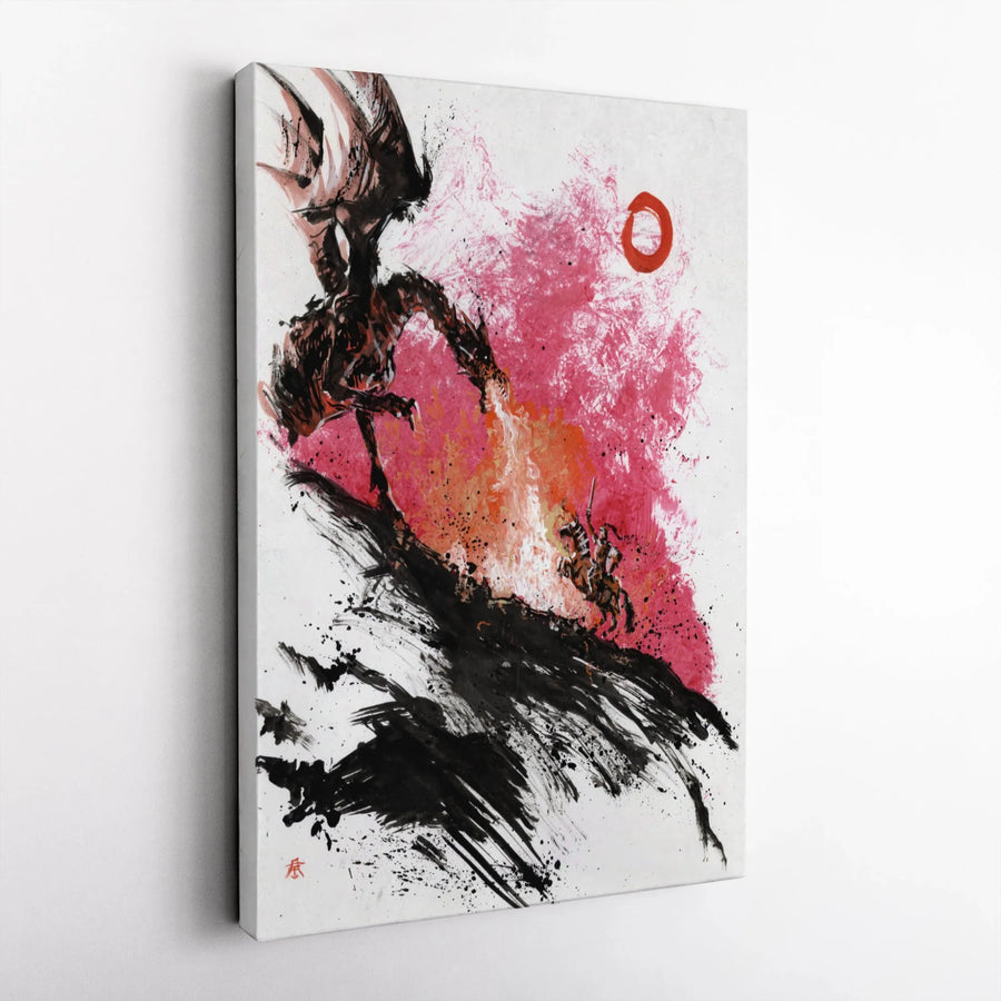 Dragon Slayer Canvas Wall Art | Japanese Ink Wash Style Knight Battle | Premium 1.25" Gallery Wrap | Fantasy Epic Decor Gift