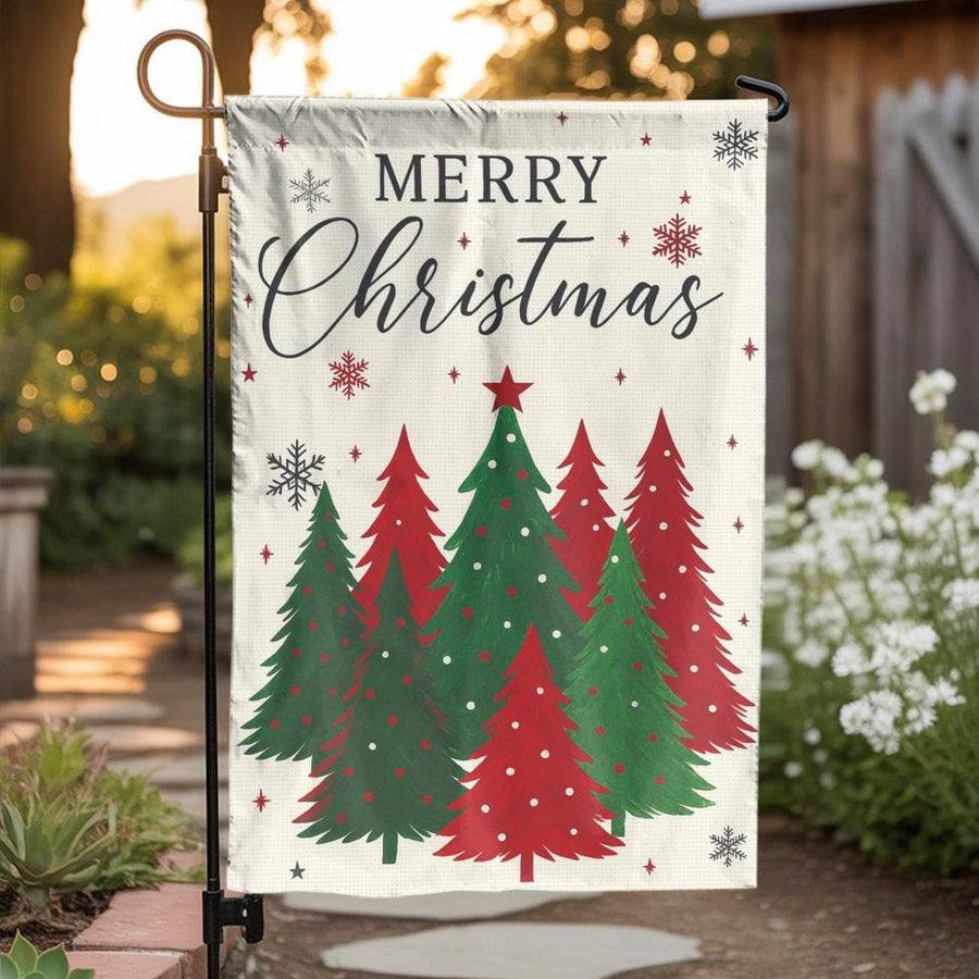 Merry Christmas Garden Flag | Red and Green Festive Trees | Durable UV-Resistant Polyester | Holiday Yard Decor for Front Porch