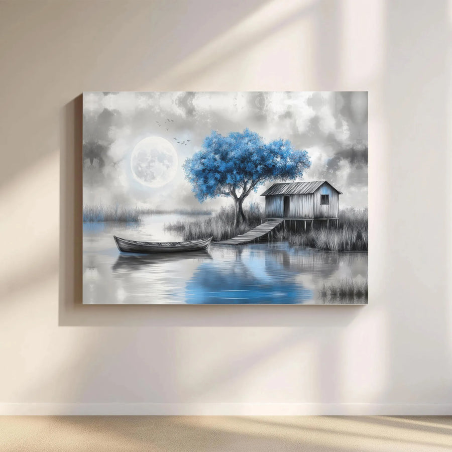 Moonlit Lake Canvas Wall Art | Blue Tree on Grayscale Lake Scene | Gallery Wrapped 1.25" Canvas | Premium Home Decor Gift