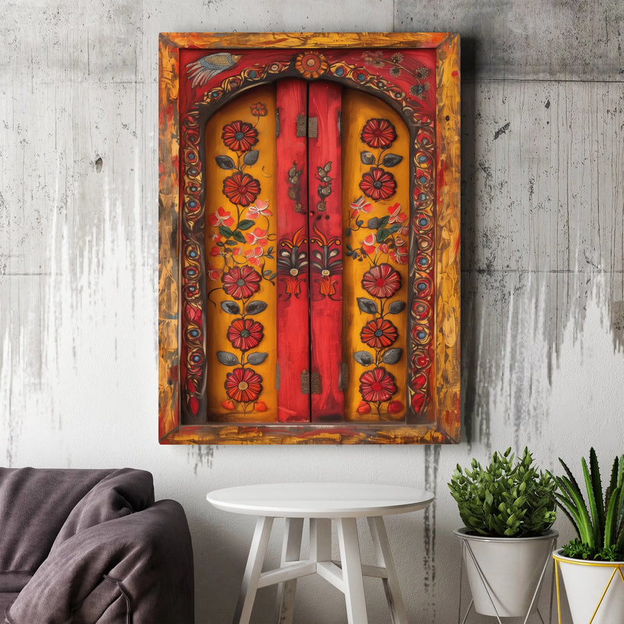 Indian Folk Art Door Canvas Print | Ornate Floral Motif Wall Decor | 1.25-Inch Gallery Wrap | Ethnic Bohemian Home Accent Gift