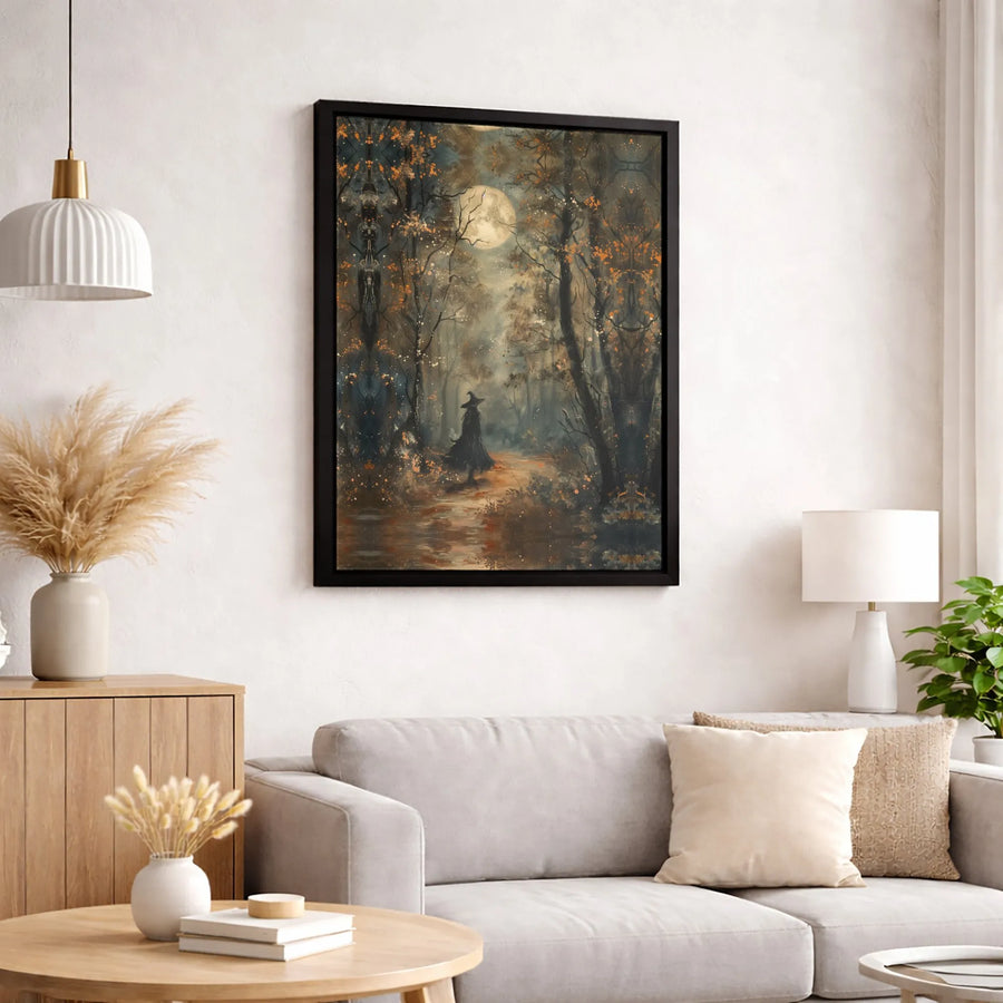 Witch In Forest Canvas Wall Art | Spooky Autumn Full Moon Print | Gallery Quality 1.25-inch Profile | Gothic Home Decor Gift